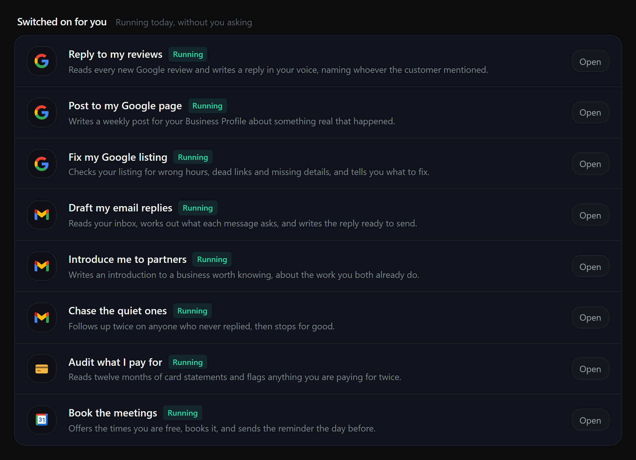 The tools page, listing every tool Corp can run and what each one connects to